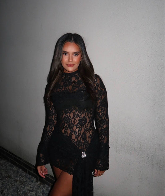 Obsidian Black Lace Long sleeve Silver Detail Mini Drape Dress