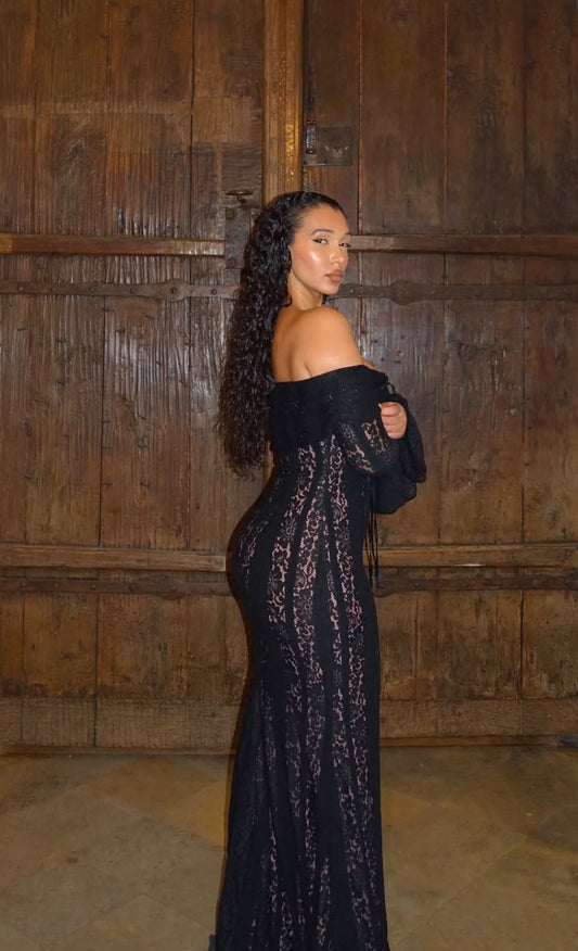 Destiny Black Lace Shoulder-less Backless Maxi Dress