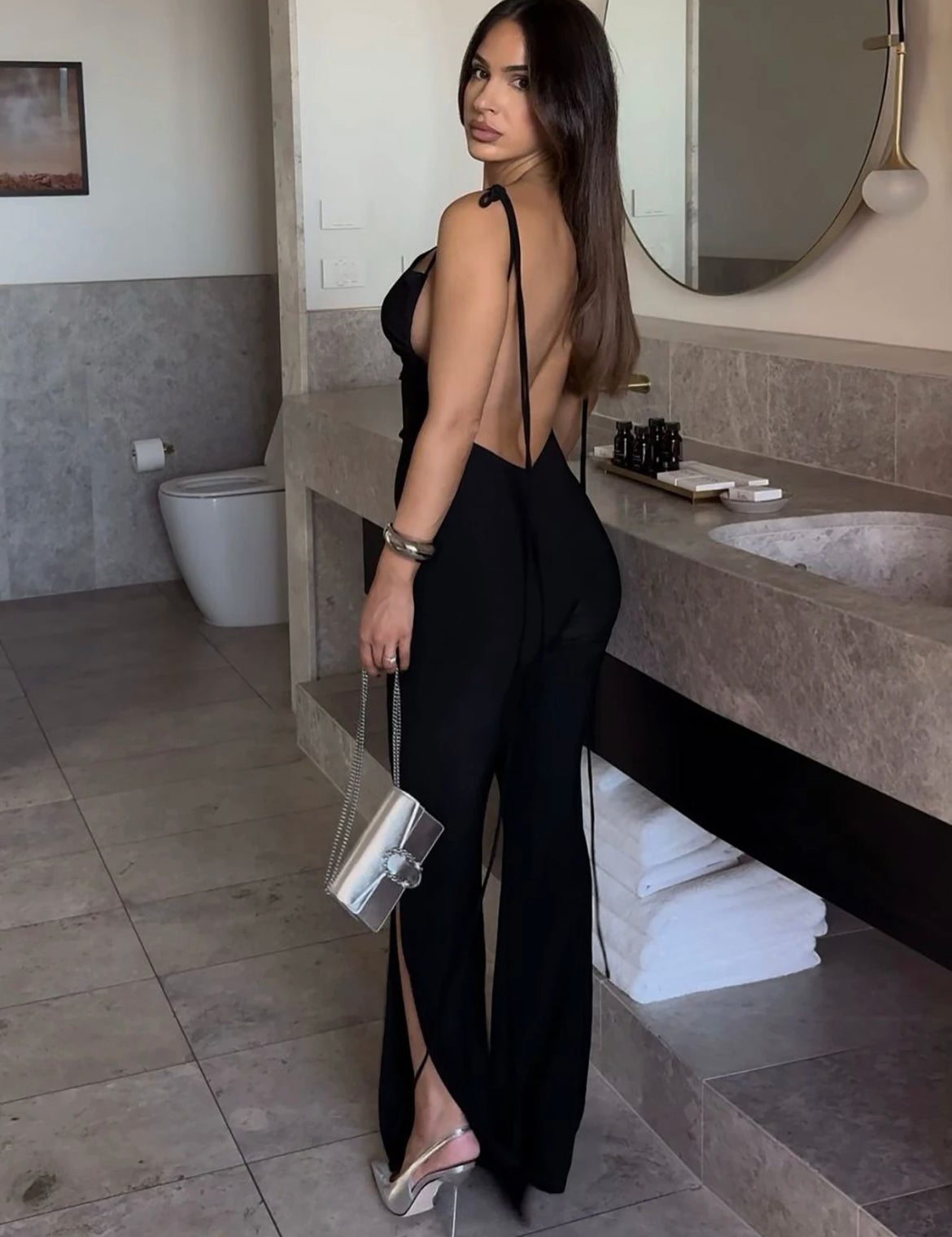 Black Onyx Split Leg Asymmetric One Shoulder Backless Jumpsuit