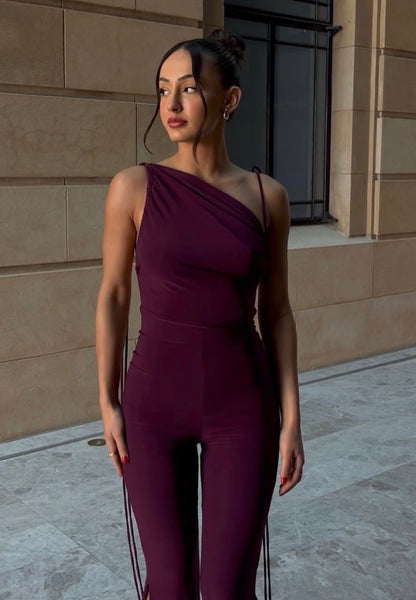 Burgundy Split Leg Asymmetric One Shoulder Backless Jumpsuit