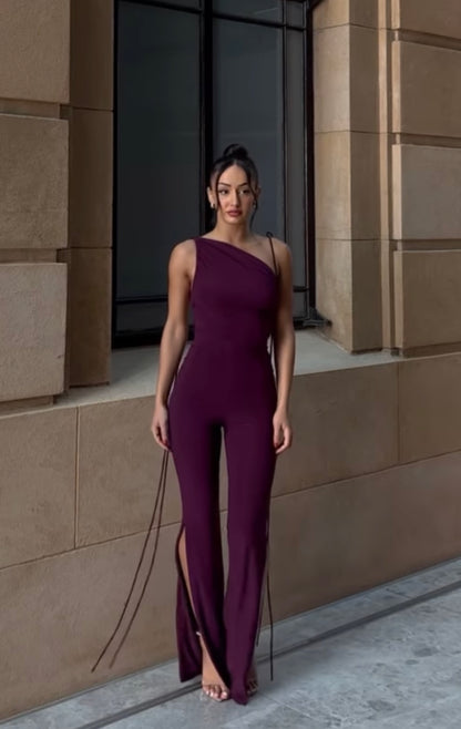 Burgundy Split Leg Asymmetric One Shoulder Backless Jumpsuit