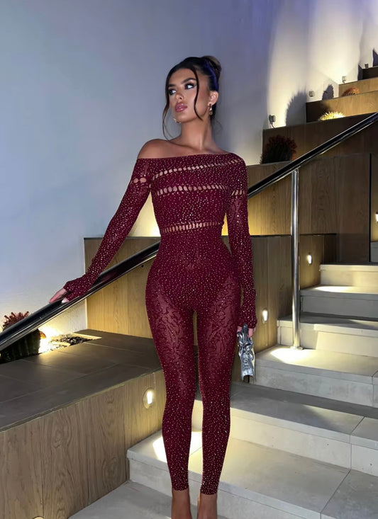 Kim Embellished Bodycon Jumpsuit Burgundy Red