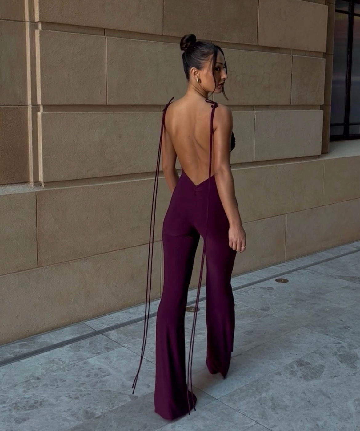 Burgundy Split Leg Asymmetric One Shoulder Backless Jumpsuit