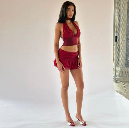 Cheryl Cherry Red Halter-neck Mini Skirt Set