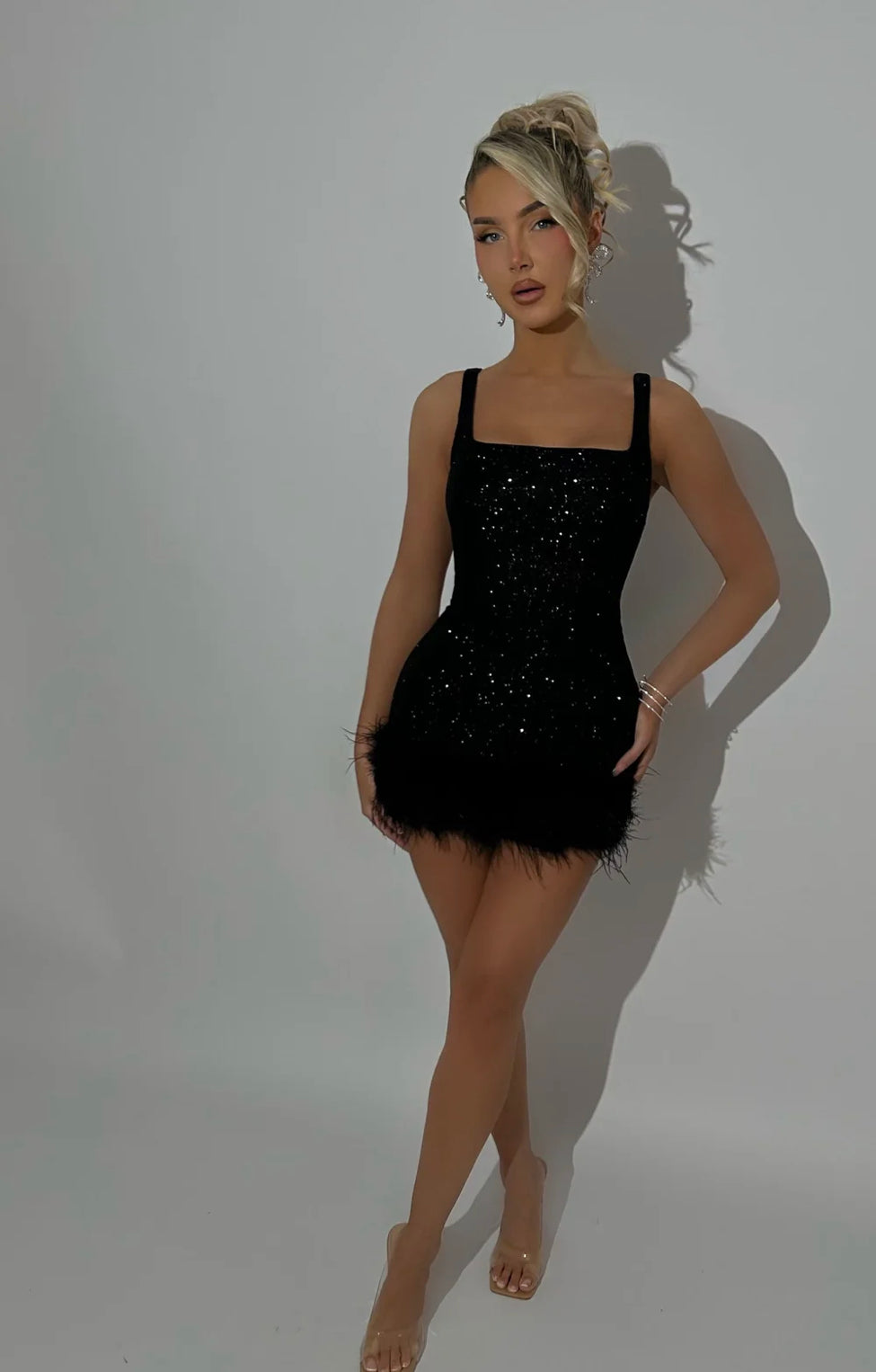 Black Glitter Feather Hem Mini Dress