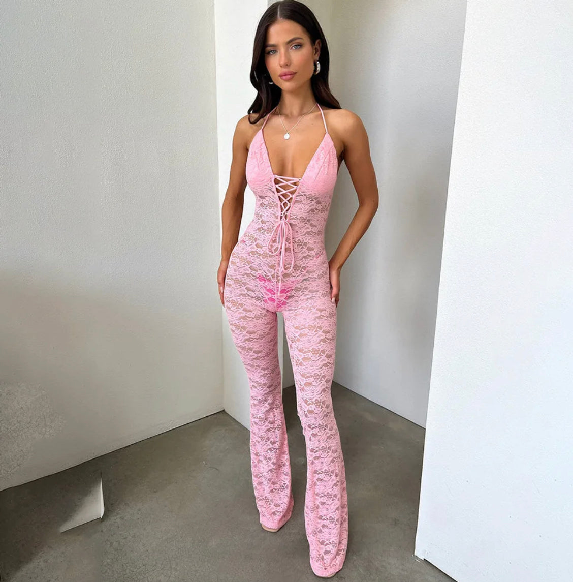 Baby Pink Lace Halter-neck Jumpsuit