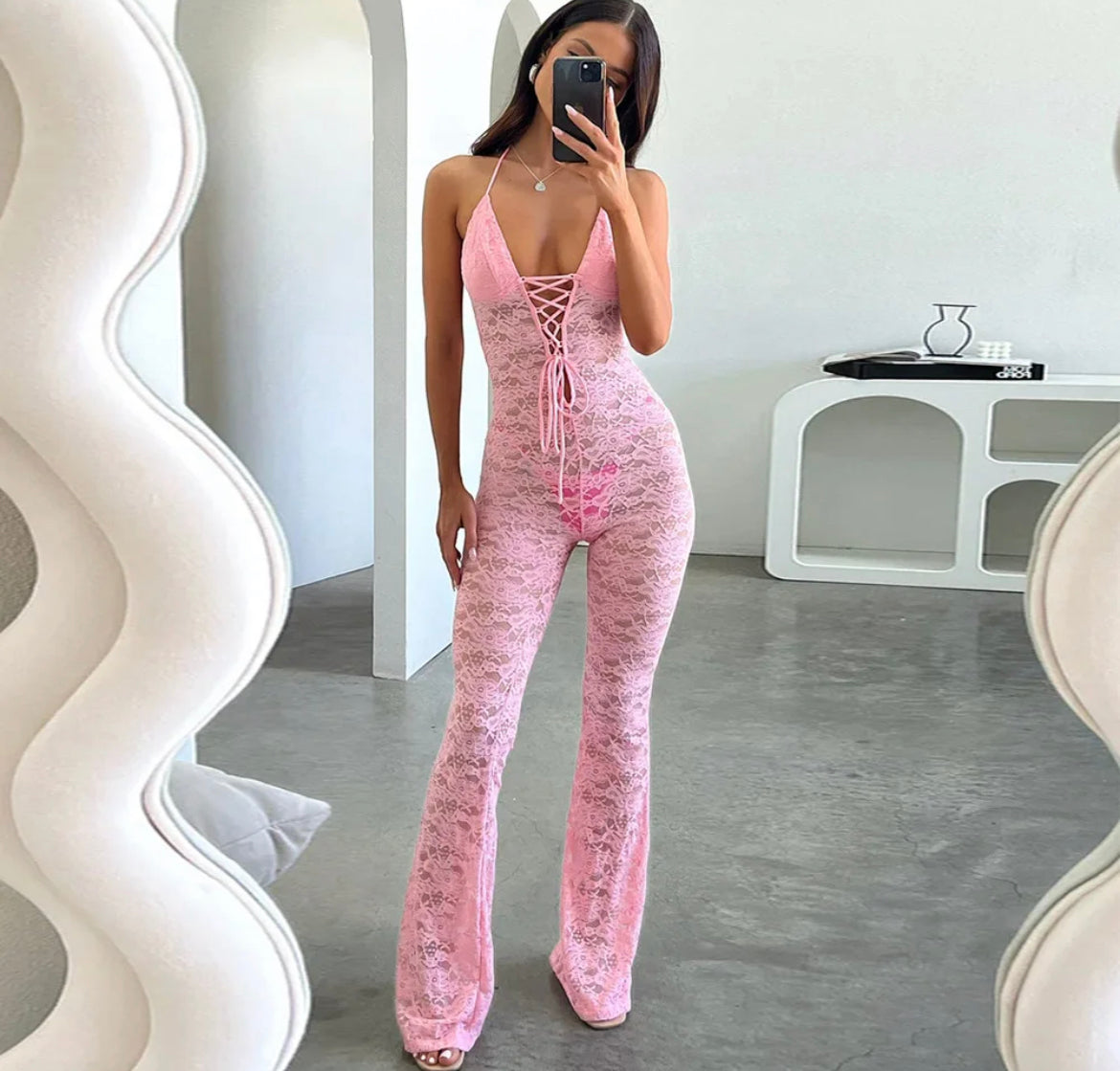 Baby Pink Lace Halter-neck Jumpsuit