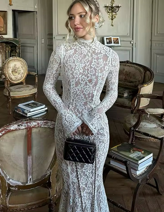 Angel White Lace Mock Neck Long sleeve Maxi Dress