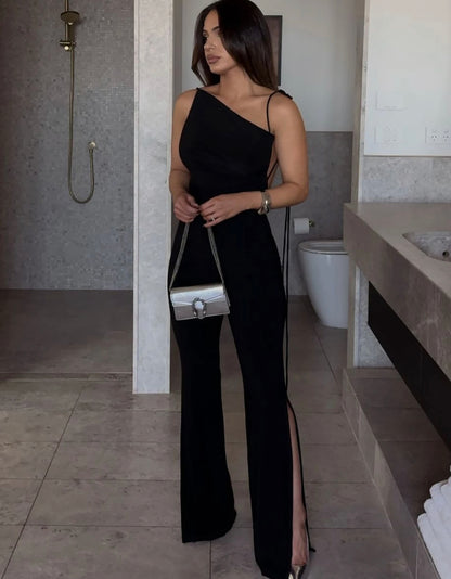 Black Onyx Split Leg Asymmetric One Shoulder Backless Jumpsuit