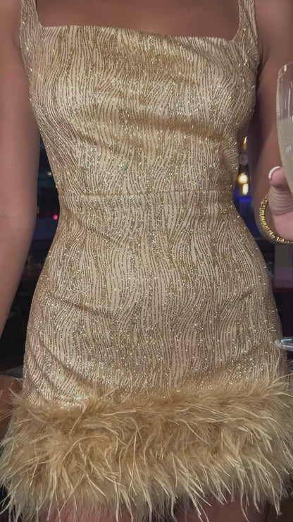 Gold Glitter Feather Hem Mini Dress